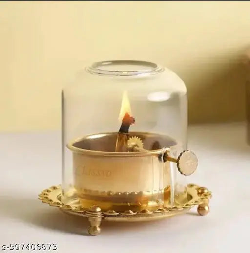 Premium Brass Oil Diya with Glass Cover | Antique Golden Pooja Lamp with Wick Adjuster | Decorative Akhand Jyot Diya for Mandir, Temple & Home Decoration