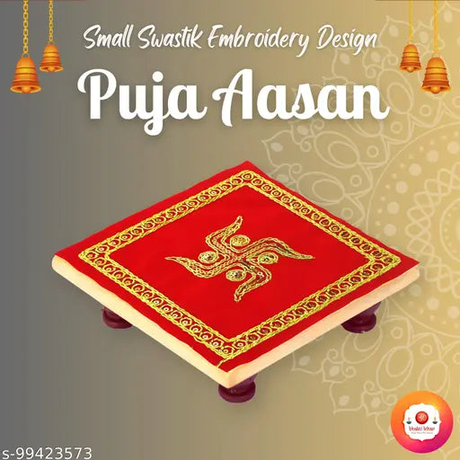 Bhakti Lehar ( 5 X 5  Inch) Small Size Embroidered Swastik Design Red Velvet Chowki Aasan Cloth for Home Mandir, Temple and God Idol Sitting - Pack of 8