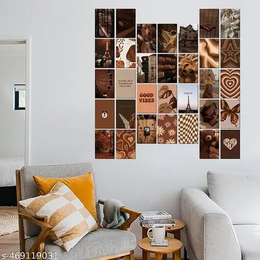 KARTMEN Brown Aesthetic Wall Collage Kit for Room Decor | Set of 32 Aesthetic Posters | 350 GSM Paper | Size 4x6 Inch | Poster | Included Glue Dots