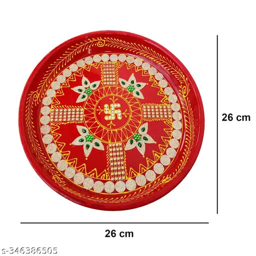 Handcrafted Decorative Puja Thali Set with Lota, Diya and Bowl (Red Colour)