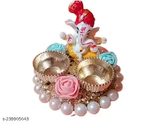 Beautiful & Ethnic Ganpati Haldi Kumkum Stand with 2 Roli Chawal Holder for Rakhi/Wedding/Return Gift/Welcome Plate/Home Pooja Thali Set(Pack of 1)