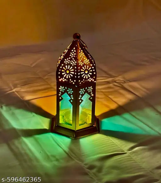 Golden Decorative Metal Lantern with Colored Glass (Set of 2)