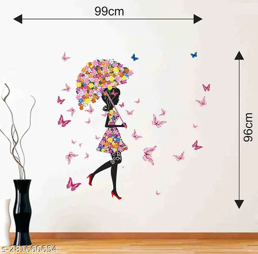 umbrella cute girl flower dress with butterflies Self Adhesive Sticker  (Pack of 1)