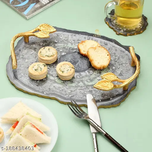 DULI Grey color Oval Resin Serving Tray with Golden Handle for Home and Dining Table | Multipurpose Tray (12x9 inch)