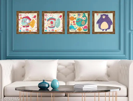 Indianara Kids Room Wall Art Set of 4, 24.13 x 24.13 cm Each, Cartoon Fish and Bear Prints, Black Frame (6508 WNT)