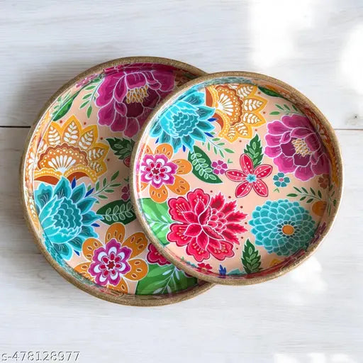 Madarks Floral Bliss Round MDF Decorative Tray Set, 9 and 7 Inch Diameter, 1 Inch Height