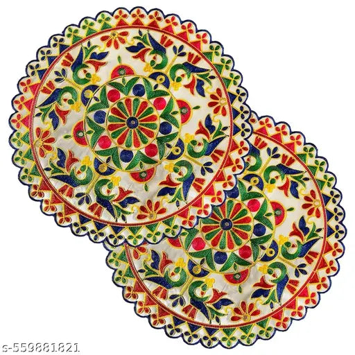 Pack of 2 Multicolor Embroidered Round Pooja Chowki Rumal | Decorative Deity Base Cloth