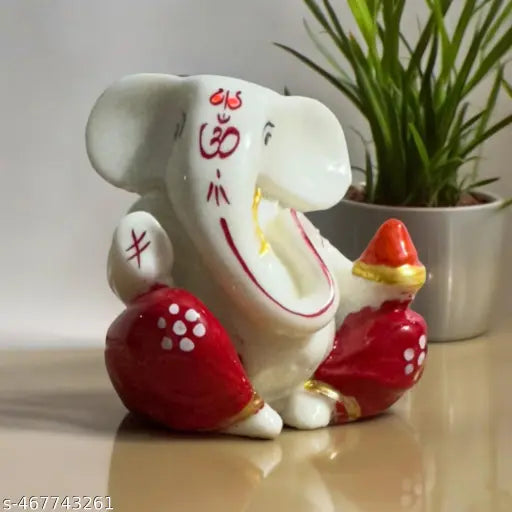 Devine Lord Ganpati/Ganesha Idol - 2x2 Inch Red Ganesh Statue for Car Dashboard, Desk, Office Table, and Diwali Decoration(White-Red)