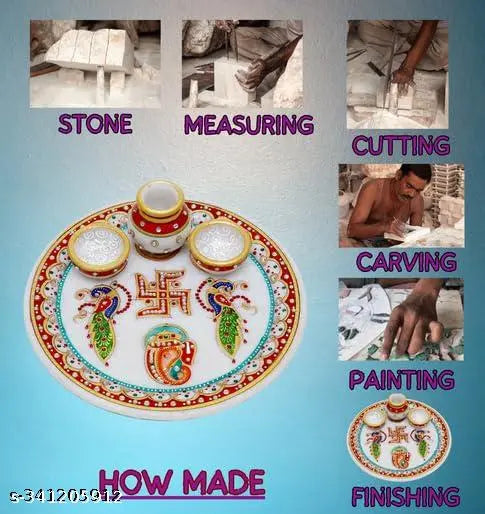 PCS Designer Decorative Marble Pooja Thali | Round Shape Handicraft Home Decor Puja Plate Set with Printed Ganesha for Home and Office (Multicolor, 23x23x7.5