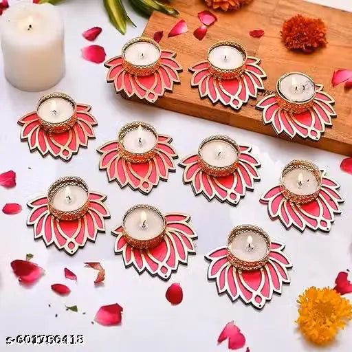 Tealight Candle Holder Stand Set of 10 With Candel - Diwali Decoration Items for Home Decor Diyas(8.5x9x2.5 cm)