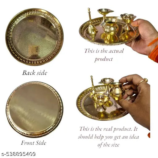 Divine Bazaar Pure Brass Pooja Thali Combo Set – 5 Pcs | 18 cm Thali, Diya, Bell, Kalash & Incense Holder | Traditional Puja Essentials