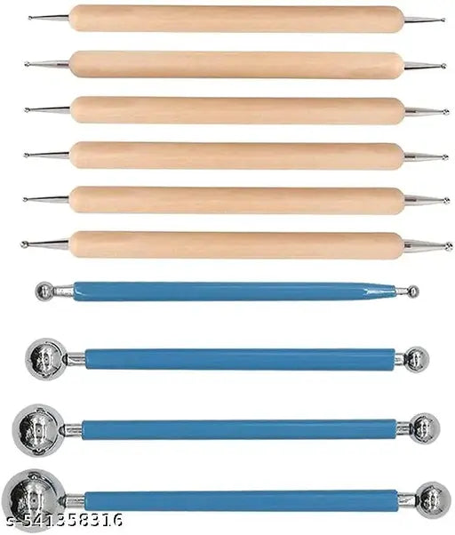 CraftNcreation Tools 9 Pcs/Set for Clay Dot Mandala Embossing Modelling Ball Stainless Steel Wooden Tool for Fondant Cake Decorating Nail Art Rock Painting for Beginners Artists.