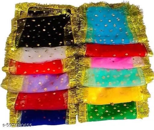 12 Color Full Chunari Navratra Special Durga Mata Chunari for Navratri Devi Pooja,  Maa Durga, Laxmi Chunni All Goddess Small net dupatta 19* 10 Inch (Color: Red, Green, Yellow, Orange, Pink,black,Ferozi,sea green,Purple, white,Blue,rani-Pink) pack of 12