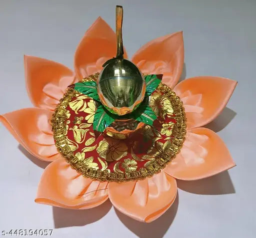 Copper kalash,brass mango leaf and coconut and silk asan