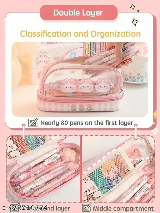Kawaii Pencil Pouch with Strap Double Layer Pencil Pouch --Cl0ear Waterproof Cute Preppy Pencil Case Pen Bags Holder Storage and Organizer (Purple Friends)
