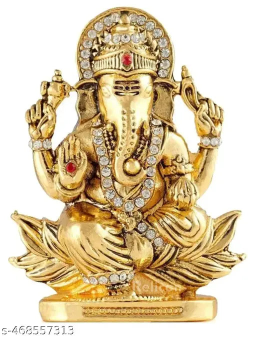 Relicon Lord Ganesh Idol | Ganesha Sitting on Lotus Idol | Ganpati Idol (B-155) Antique Gold Metal Statue for Car Dashboard | Home Décor | Mandir Pooja Murti | Temple Puja | Office Table Showpiece (L*B*H-- 2 x 0.8 x 3 Inches)