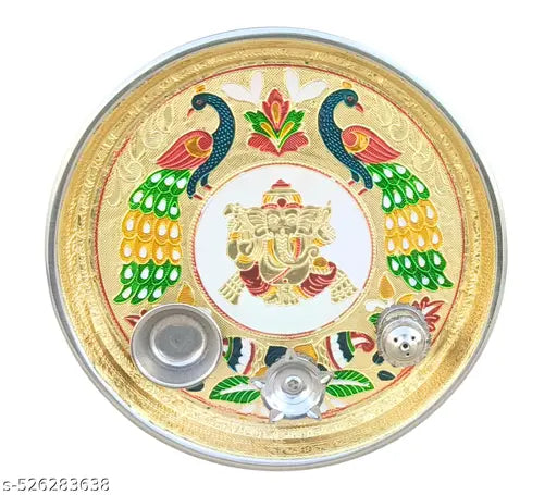 Meenakari Stainless Steel Pooja Thali Plate With Insance And Diya Holder For Home And Office