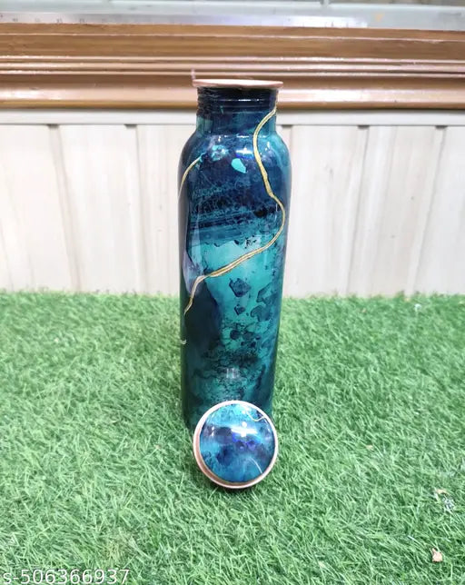 900ml Pure Copper Water Bottle For Drinking – 34 Oz – Ayurvedic Pure Copper Green Stone Design Meena Water Bottles For Drinking More Water - Leak Proof Heavy Duty Copper Vessel 100% Leak Proof, For Home, Office, Gym Gift