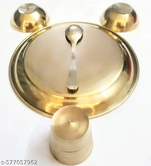 Leepax Brass Pooja Thali Set | Brass Pooja Traditional Bhog Arti Thali Set/Bhog Bartan/Prasad Bartan Small Utensils Set of 5 Pcs Plate, Spoon, Glass & 2 bowls Ideal for Home, Office, and Temple