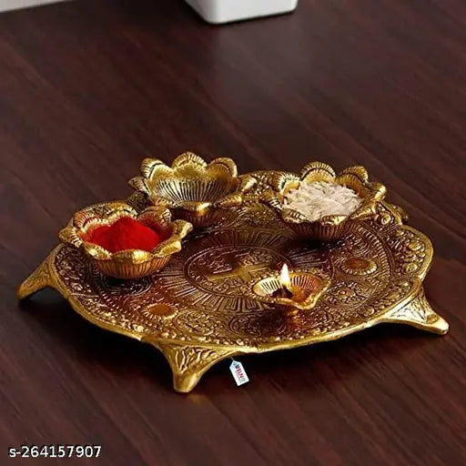 Puja thali big with 4 diya metal for puja and worship and Temple decoration Showpiece item, Home decoration, Room decoration, Temple decoration, Office decoration Gift item,