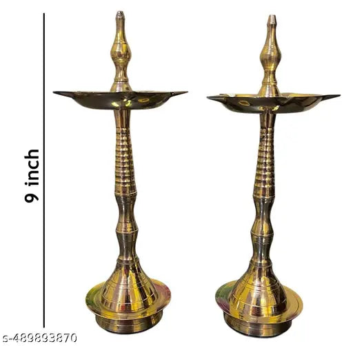 Set of 2 Brass Kerala Diya | Kashi Samayi Diya Oil Diwali Puja Lamp Golden Height 9 inch for Mandir, Traditional Rituals, Religious Purpose, Temple, Lighting, Decoration, Diwali Pooja