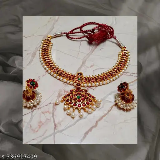 Temple Style Kempu Stone South Indian Style Necklace with Jhumka