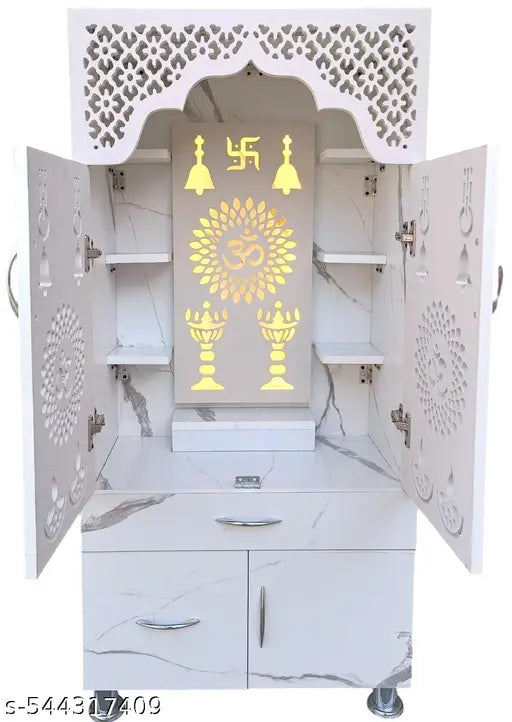 Woodaari Modern Design Korian Mandir | Home Temple | Office Temple With Decorative LED Light and OM Symbol
