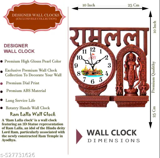 A vibrant and devotional wall clock featuring  image of Ramlala, set against a bright orange background.