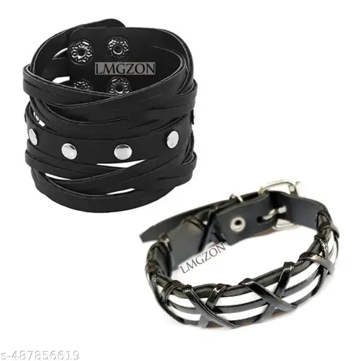 Combo Offer Unisex Fancy & Stylish Wrist Band Bracelet Cuff For Men's & Women's Leather Metal Wide Gym Style Solid Designer Bracelet [ Pack Of 2 ]