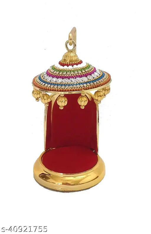 Decorative Golden Miniature Temple Throne for God Idol | Multicolor Stone Studded Singhasan for Puja Mandir | Small Bajot Gaddi for Laddu Gopal, Krishna, Ganesha | Brass Look Spiritual Decorative Gift Item