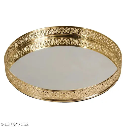 10 inches Dia Gold Plated Round Decorative Glass Mirror Tray for Weeding and Diwali Pooja Gifting Tray (10 X 10 X 2 Inches)