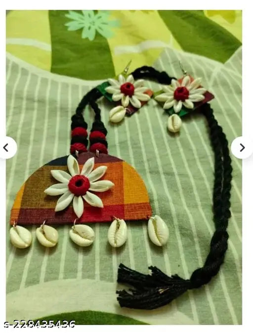 Handcrafted Fabric Based Necklace Set With Natural Sea Shell Work