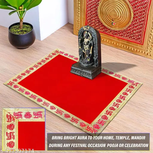 Velvet Aasan Mat | Pooja Aasan Mat | Golden Lace Satya  Prayer Mat | Traditional Chowki Prayer Mat |Size : 13 x 9 Inch| Red