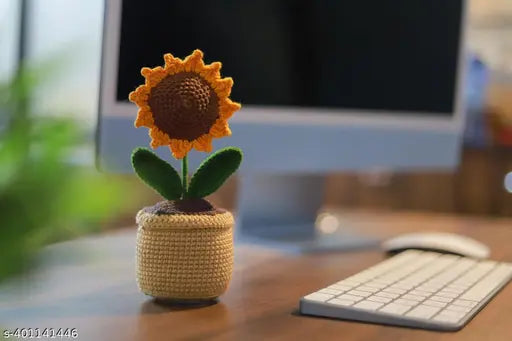 Handmade Crochet Flowers Completed Hand Woven Sunflowers Daisy Knitted Potted Plants Knitted Flower for Car Dash Decoration, Table Decoration, Home Decoration