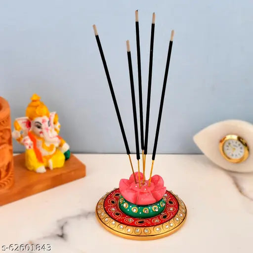 CRAFTAM Marble Made , Kundan Embellished Agarbatti Stand, Incense Stick Stand Holder for Home Temple , Office and Gifts