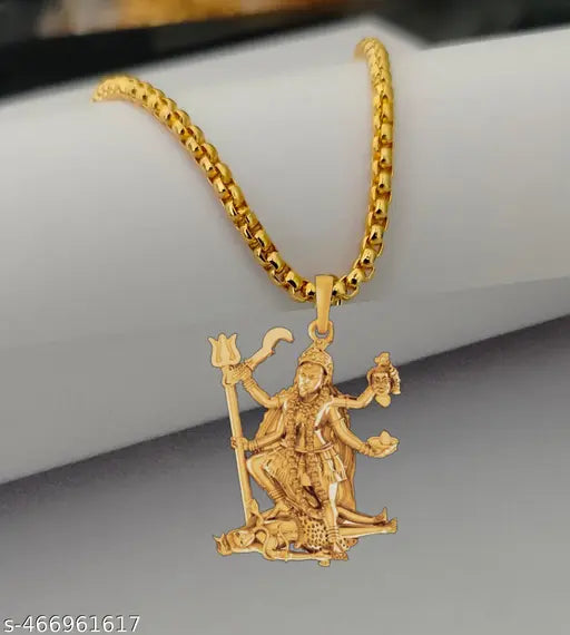 Trending stylish new religious gold plated sherawali Durga Mata Kali maa locket with gold boxer chain pandent Necklace for boys/men and girls/women