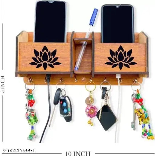 LOTUS Unique Designer Wooden 2 Pocket Pen Stand 8 Hook Wood Key Holder for Home /Office /Living Room/Kitchen (Brown)