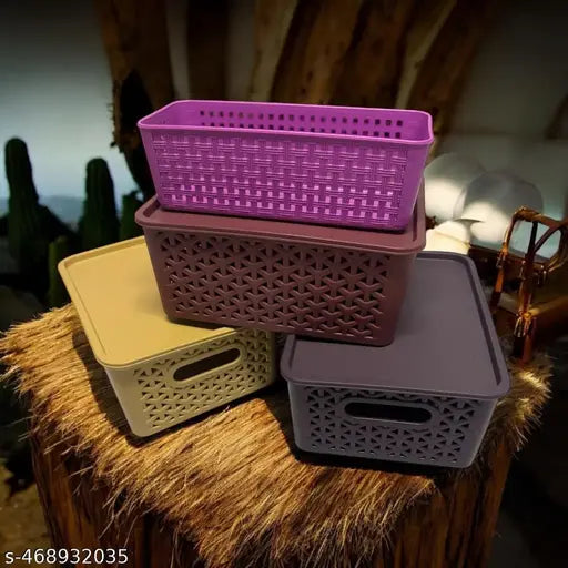 Multipurpose Solitaire Storage Basket with Lid|Side Handles & Wovan Design|Size 25 x 20 x 11 CM|Pack of 4 (Multi)