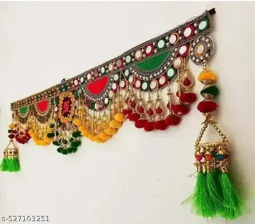 Wall Hanging Handmade Toran with attached Latkan, Multi Zula Bandhanwal, Design Patchwork Toran for Main Door , Pooja, Festival, Wedding and Home Decor, 3 Ft