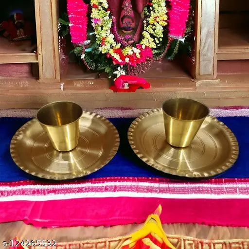 Divine Bazaar Glass and Plate set for Pooja, Brass Plate/Brass Bhog Plate and glass /Bhog Plate and glass ( 2 Plate and 2 glass) ( GOLD)
