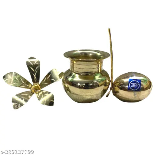 Bhabani Antique Shop PUJA Mongol Ghat | DAR ghot I MANGAL Kalash|Laxmi Ghat |Pital puja ghot I Laxmipuja Ghot with Brass Mango Five Leaves and Brass Coconut Brass Kalash (Yellow) (7.5 cm)