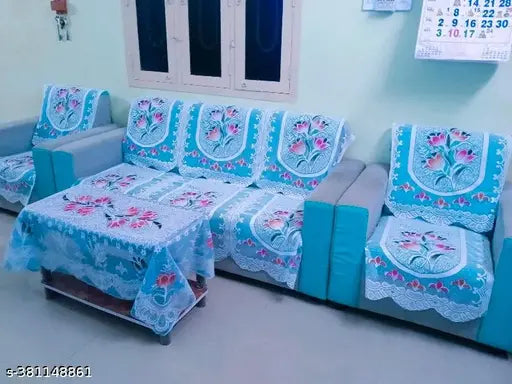 Samario Multicolour Cotton 3+1+1 Sofa Cover With 40 into 60 Inches Center Table Cover (Blue)
