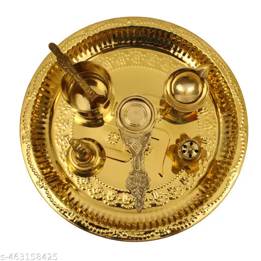 Putrika Brass Puja | Pooja Thali | Arati | Arathi | Arthi | Arti | Arathi | Bartan Thambulam Plate - Swastika ppset without lota