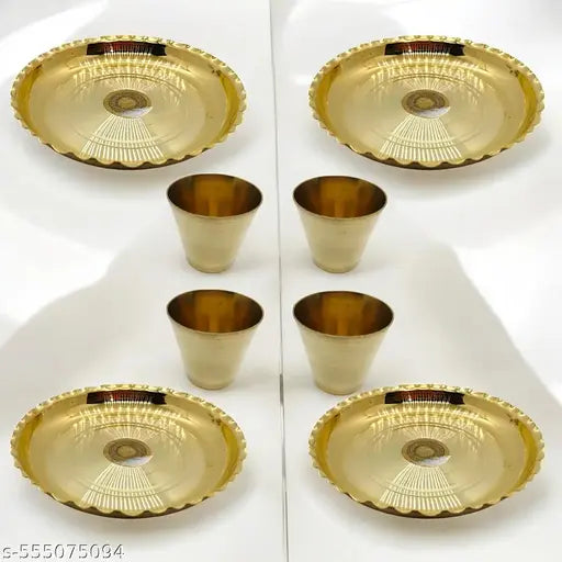 Traditional Brass Pooja Thali and Glass Set, Pack of 8 (Golden)