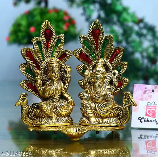 A&S VENTURES Laxmi Ganesh Idol Statue with Diya Peacock Design Decorative Showpiece for Diwali pooja , Temple , Gifting - 14 cm (Metal, Gold) (Laxmi Ganesh Gold)