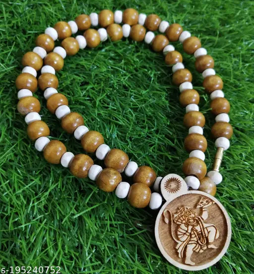 Sandalwood 10mm White Bead Necklace Flying Hanuman Ji Kanthi Mala Locket Chain Wooden Necklace