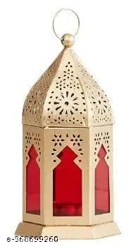 Hanging Candle Holder Tea Light Lantern Gold with Blue RED Glass for Decoration Diwali Anniversary Part Home etc Pack of 02