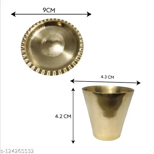 Divine Bazaar Glass and Plate set for Pooja, Brass Plate/Brass Bhog Plate and glass /Bhog Plate and glass ( 2 Plate and 2 glass) ( GOLD)