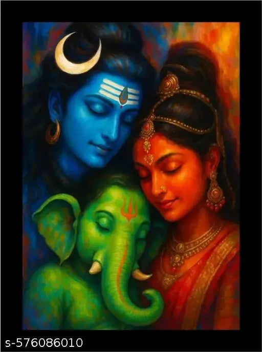 Lord Shiva Parvati with Baby Ganesha Family Wall Frame | Vibrant Divine Art for Home