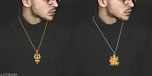 Morvi Gold Plated CZ Lord Sherawali Durga with Trishul Combo Pendant Locket Men